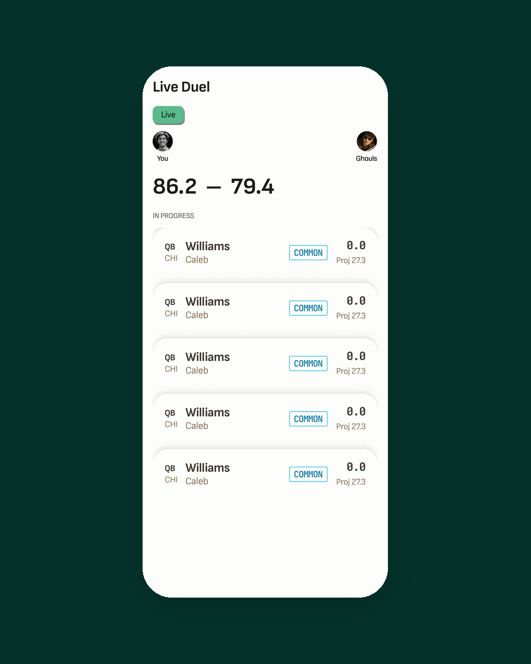 Version one's live duel screen as designed