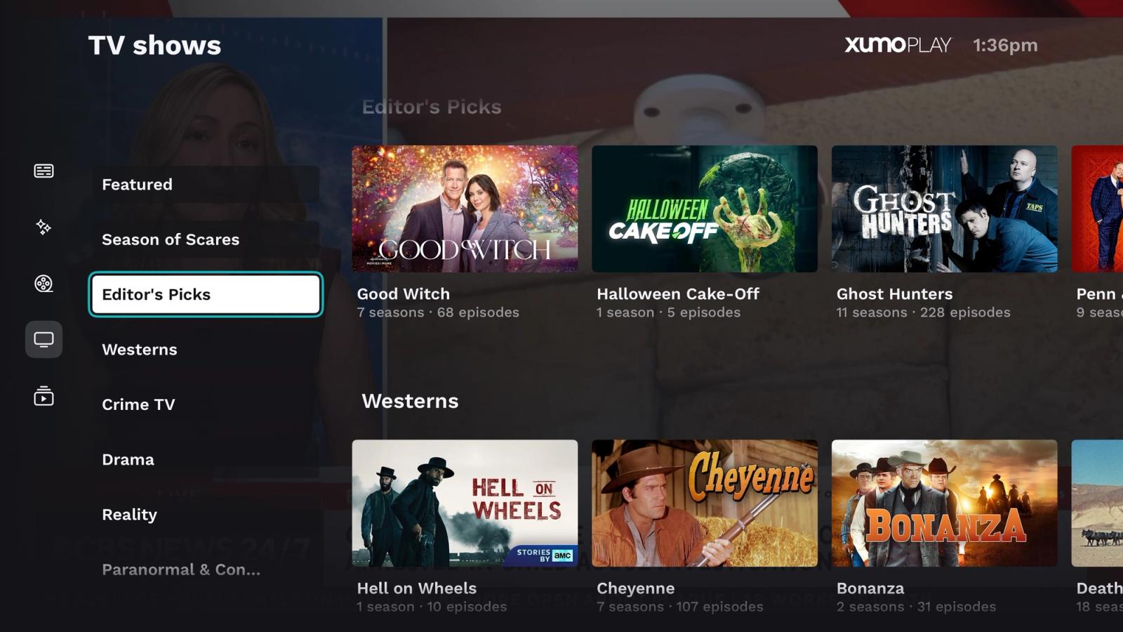 Xumo Play TV shows screen on Apple TV showing categories down the left, rails of Editor's Picks and Westerns series across the right