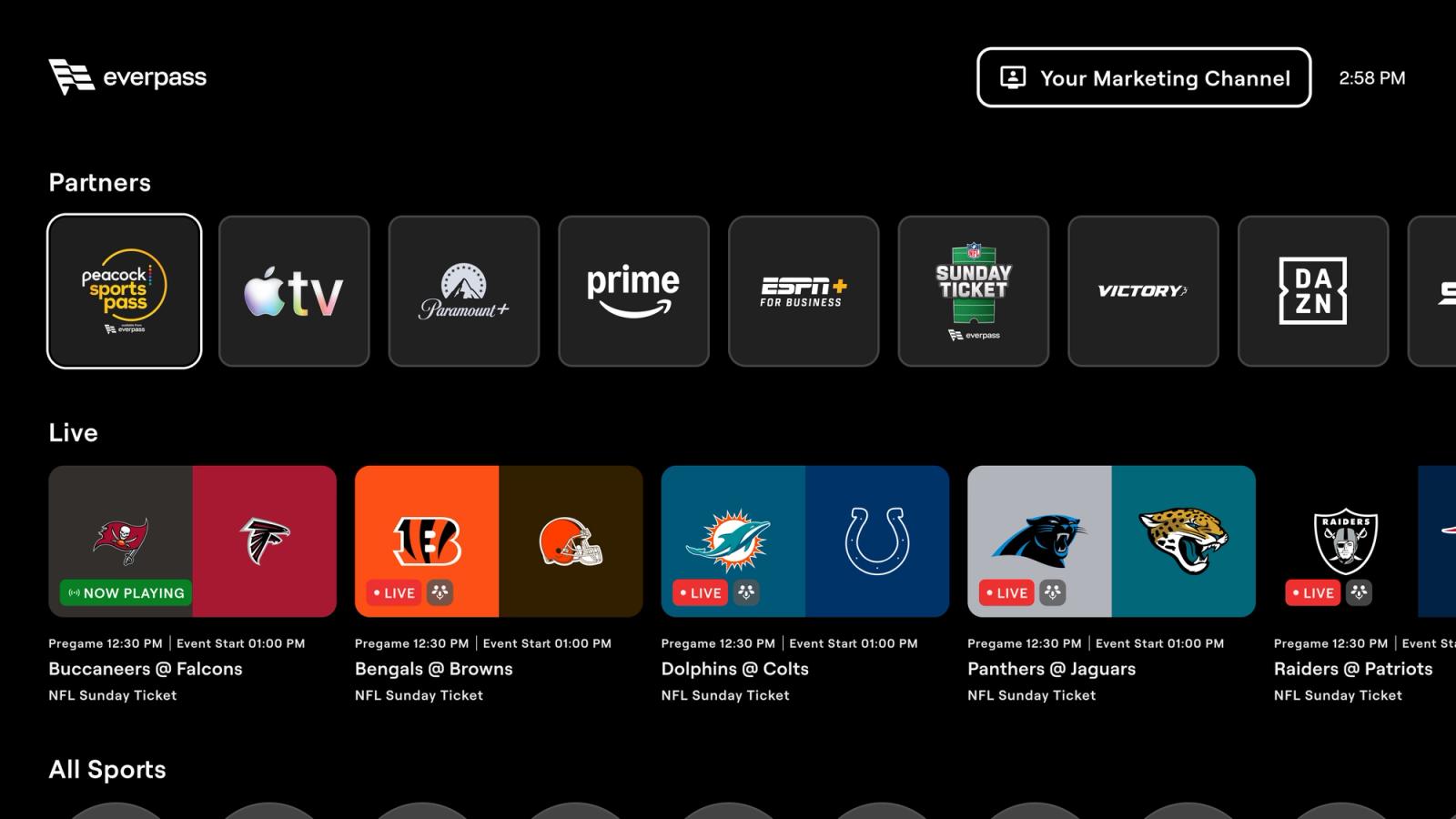 EverPass home screen on a TV showing a Partners row of streaming services above a Live rail of NFL Sunday Ticket games
