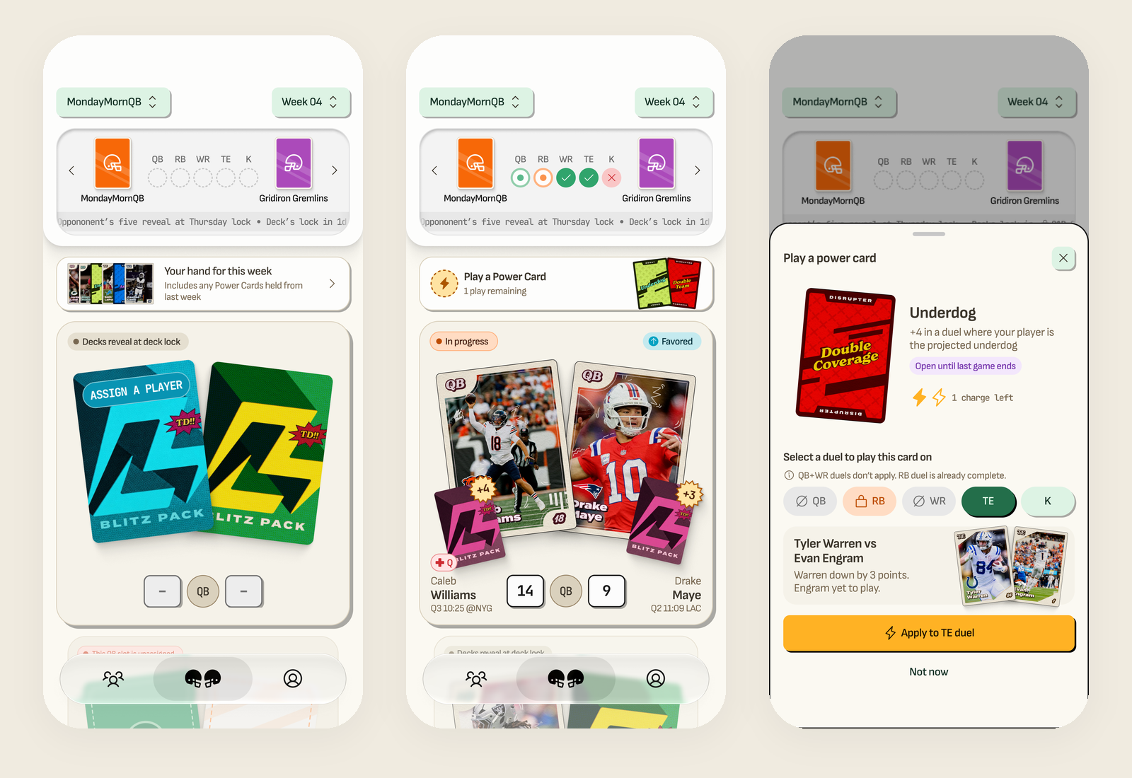 Blitz Pack today in Figma: a duel before lock with both decks sealed, the same duel live with scores, and a power card being played on the tight-end duel