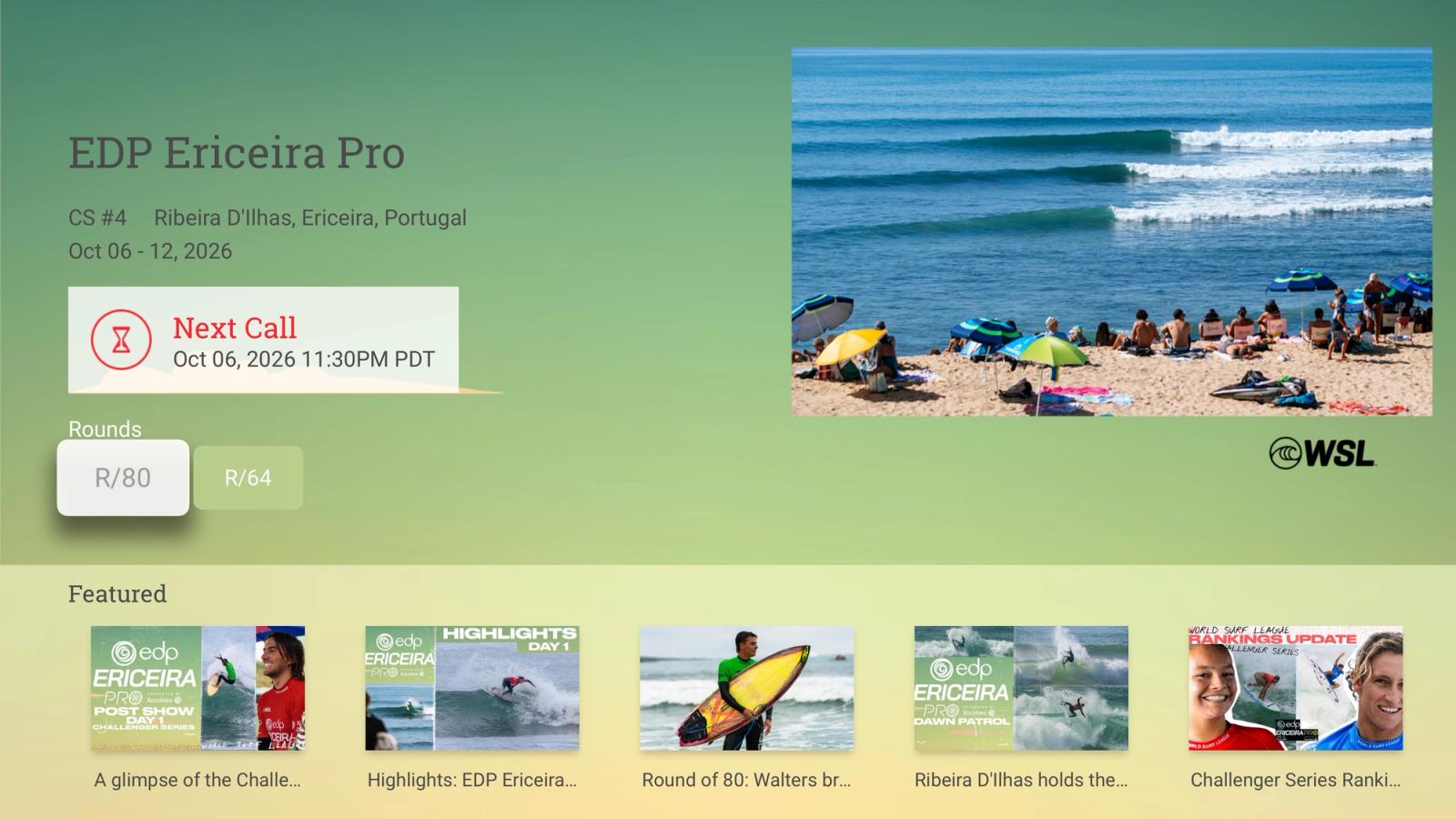 World Surf League Apple TV event screen for the EDP Ericeira Pro showing location, dates, next call, round selector and featured clips