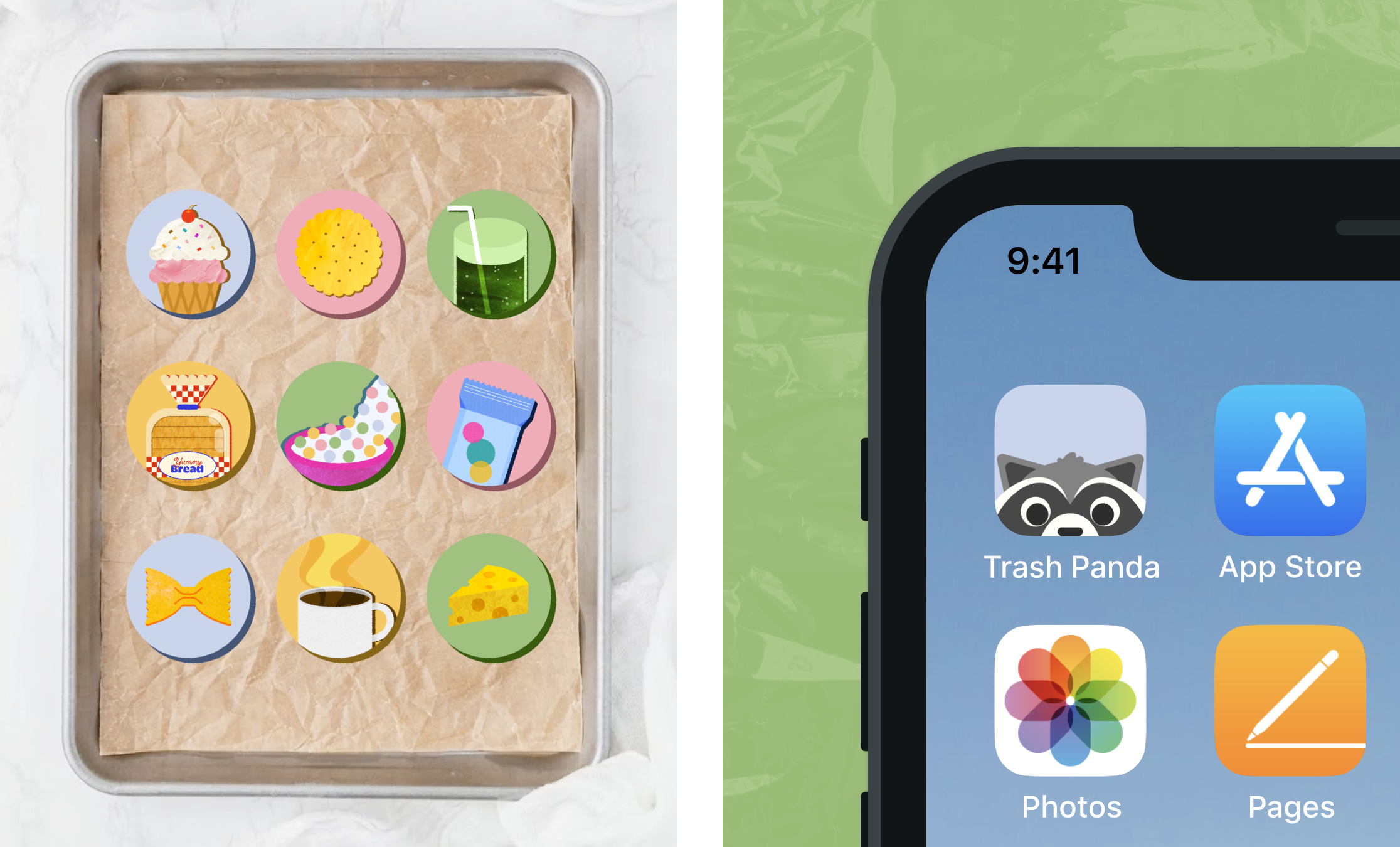 side-by-side images of avatars on cookie sheet, and app icon on iPhone