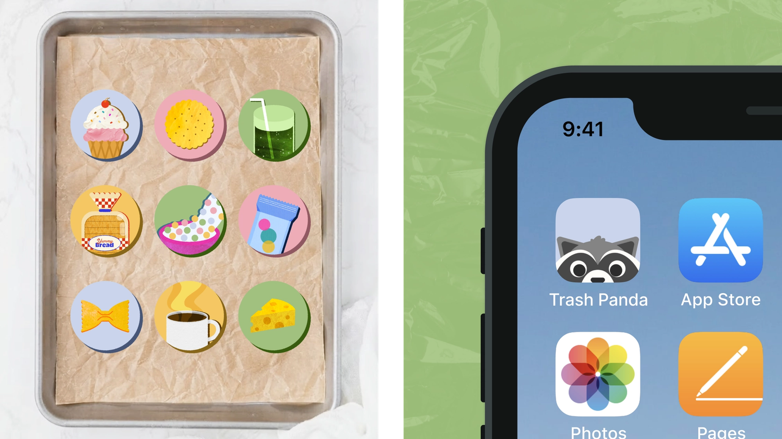 side-by-side images of avatars on cookie sheet, and app icon on iPhone