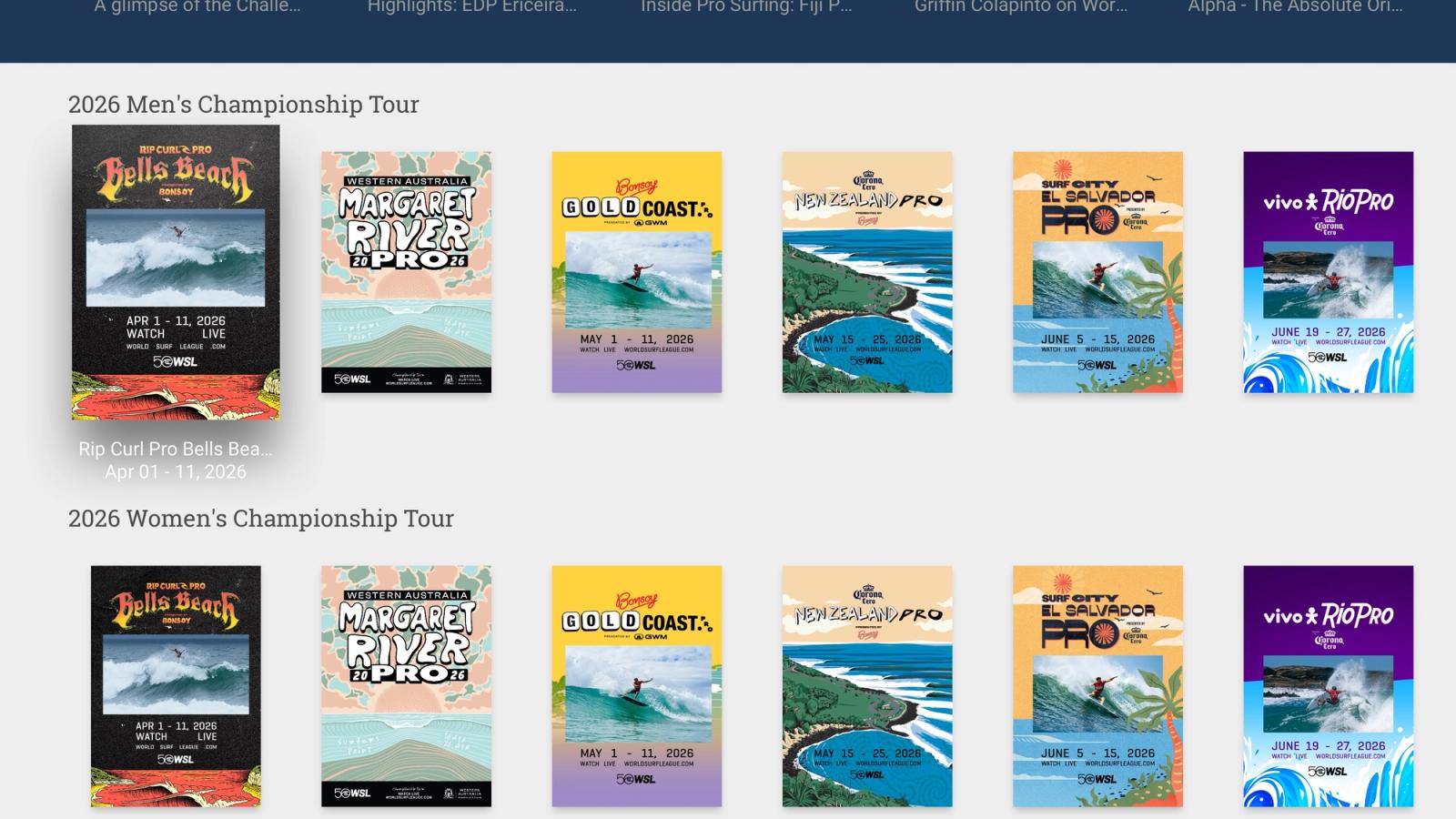 World Surf League Apple TV schedule showing rails of 2026 Men's and Women's Championship Tour event posters, from Bells Beach to Rio