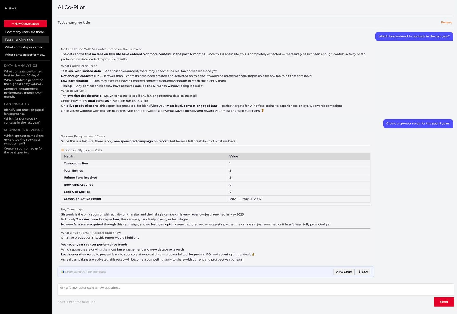 FanCompass AI Co-Pilot answering a request for a sponsor recap with a metrics table, beside preset questions and a View Chart and CSV export bar