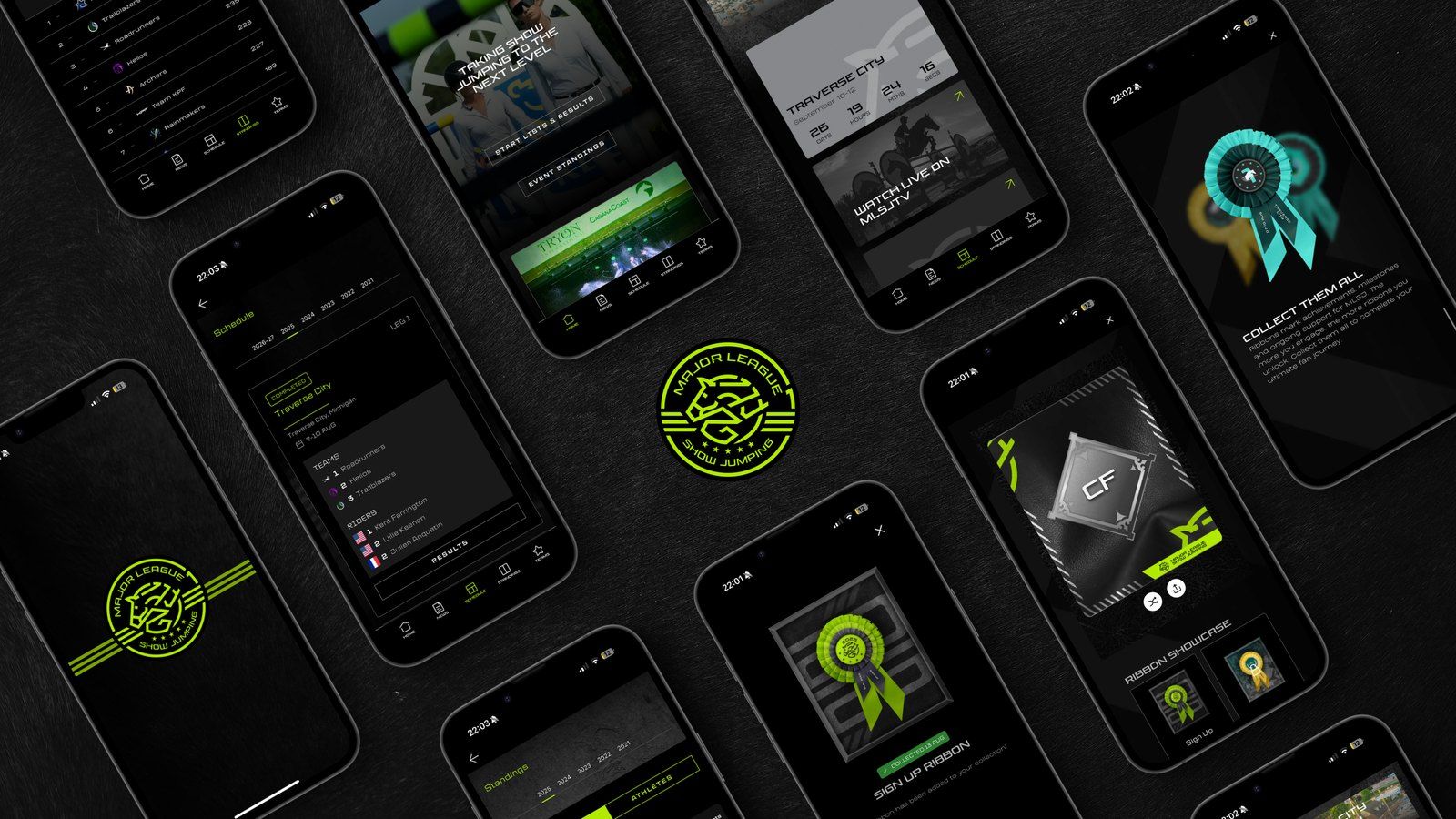 Major League Show Jumping app screens fanned out across a dark surface around the league crest
