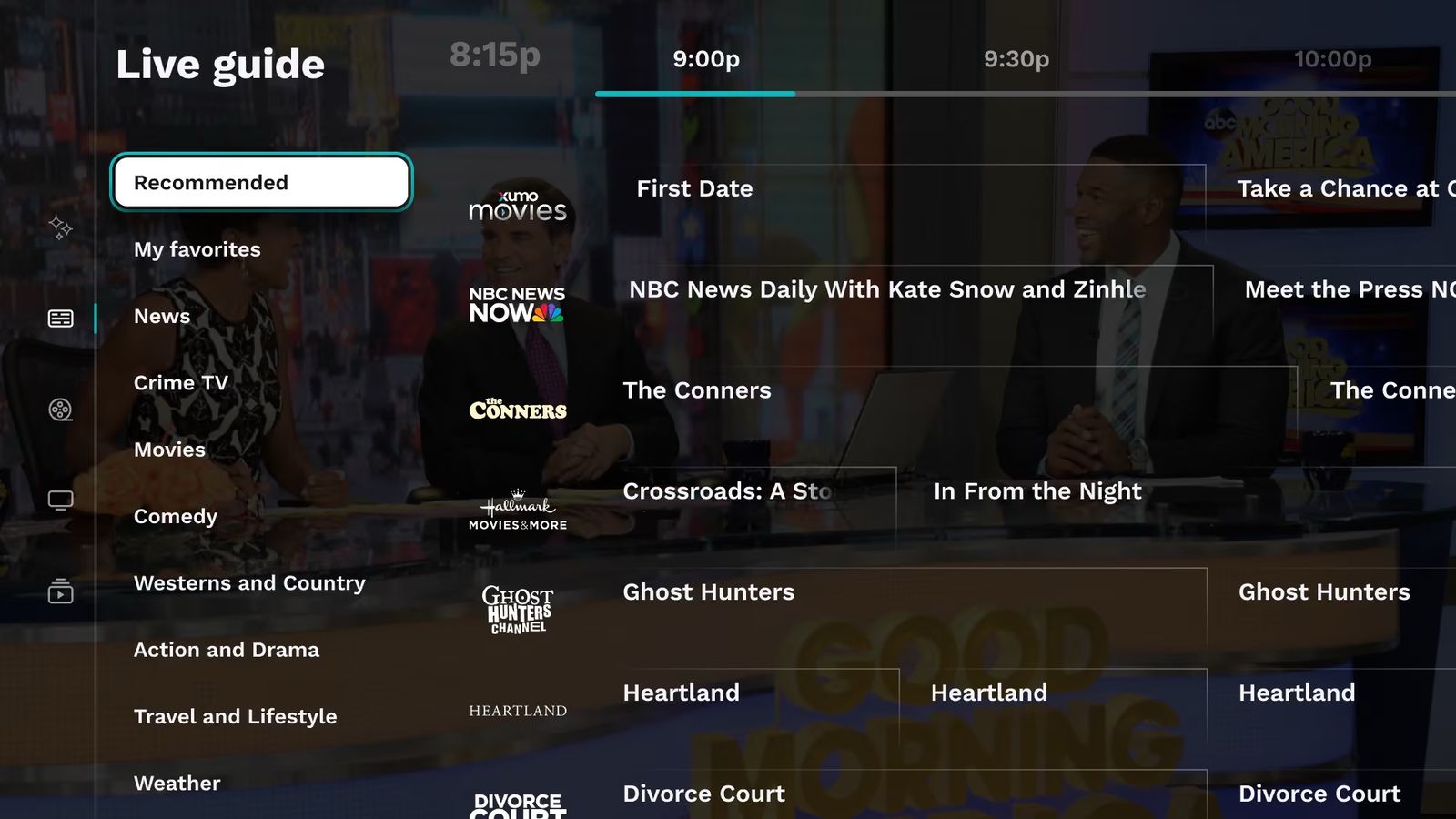 Xumo Play live guide on Apple TV showing channel categories down the left, a schedule grid of channels and shows across the right