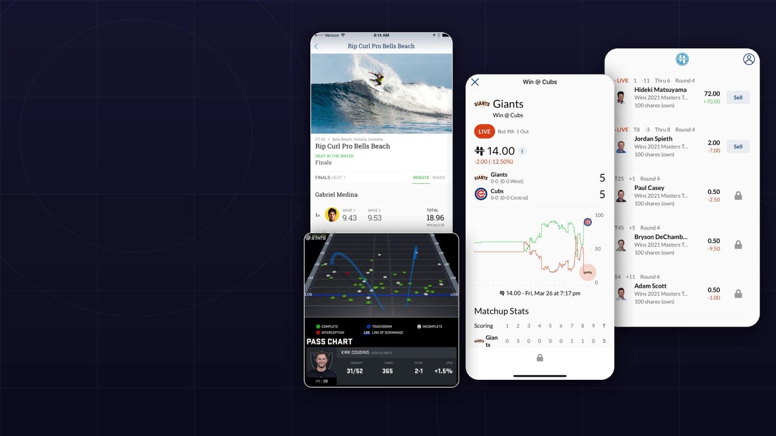 The World Surf League app showing heat scores from Rip Curl Pro Bells Beach, an NFL Next Gen Stats pass chart of Kirk Cousins against the Chiefs, and two Hundo screens: a live Giants at Cubs market with its price chart, and a Masters portfolio where locked lines show a lock icon in place of the Sell button