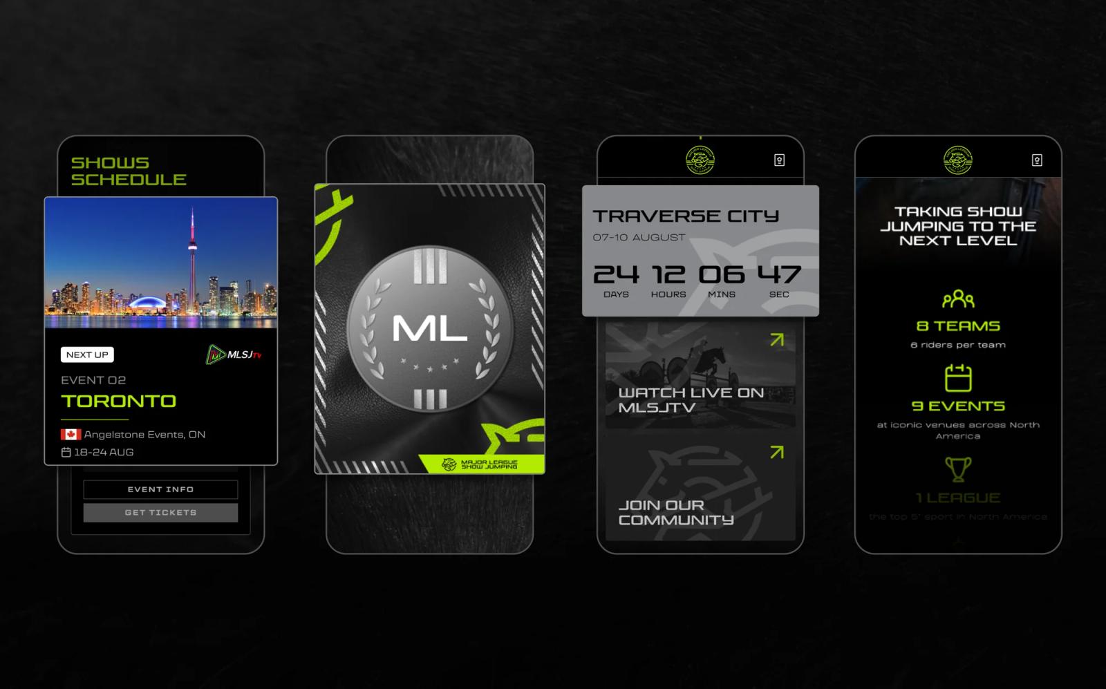 The MLSJ brand across the product: schedule, rosette card, event countdown and league stats together