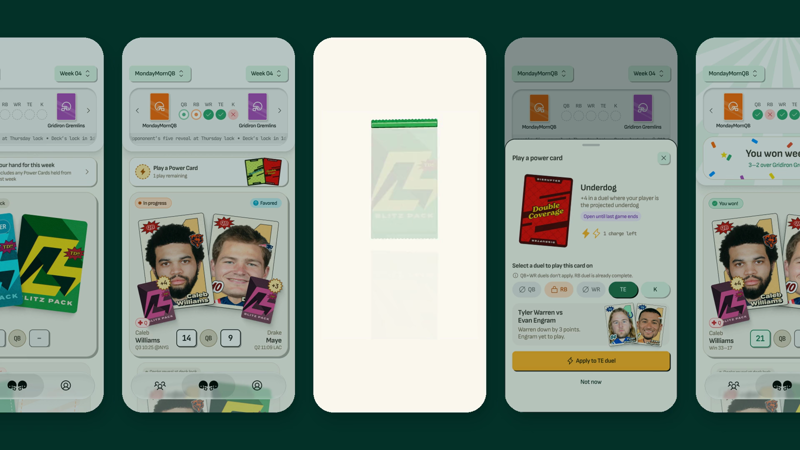 Five Blitz Pack screens: packs ripped, a live duel, a sealed pack being torn open, a power card being played, and a settled week won 3–2