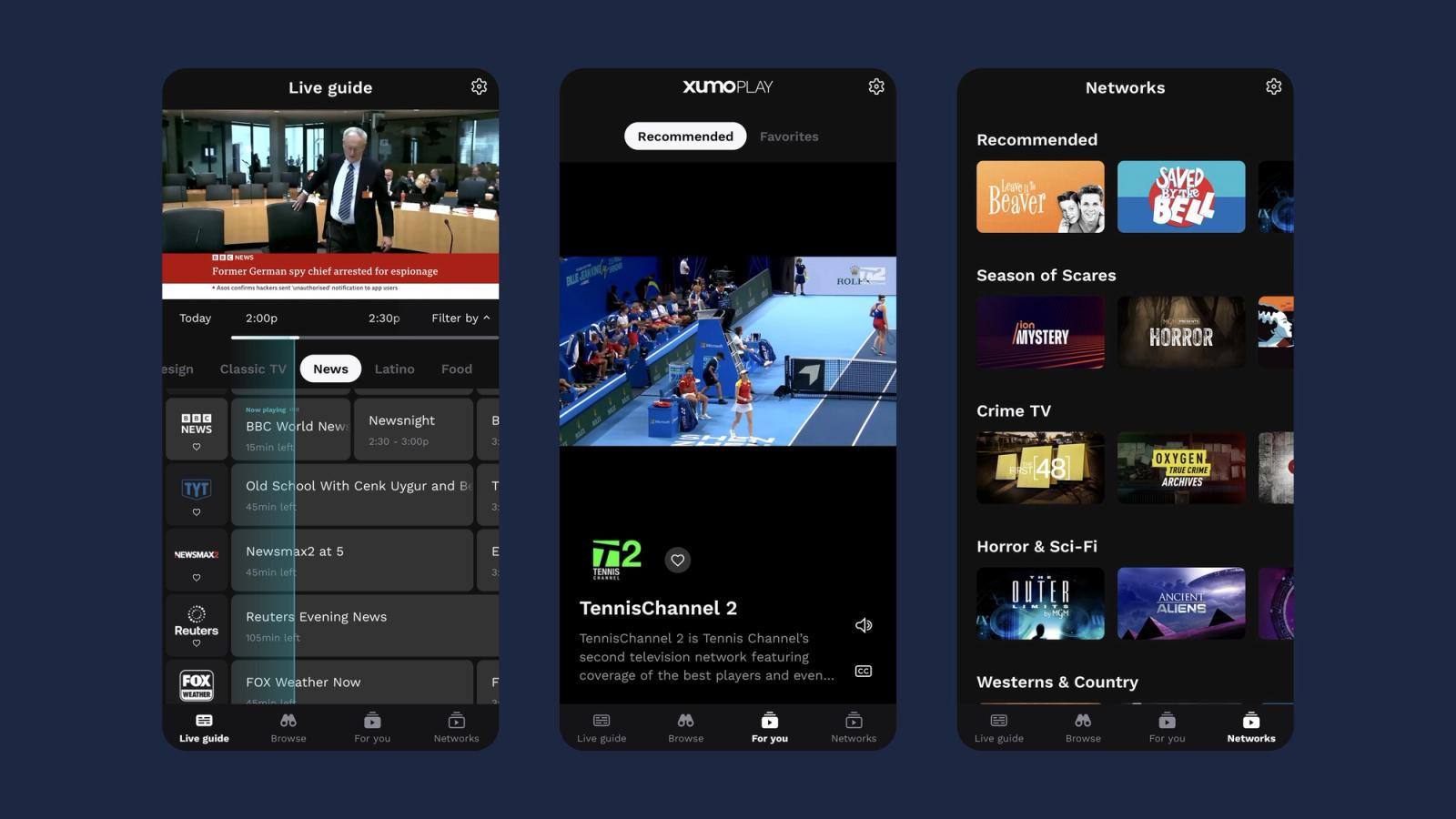 Xumo Play mobile app on three Android phones showing the Live guide with a News channel schedule, the For you screen playing TennisChannel 2, and the Networks screen's rails of show artwork