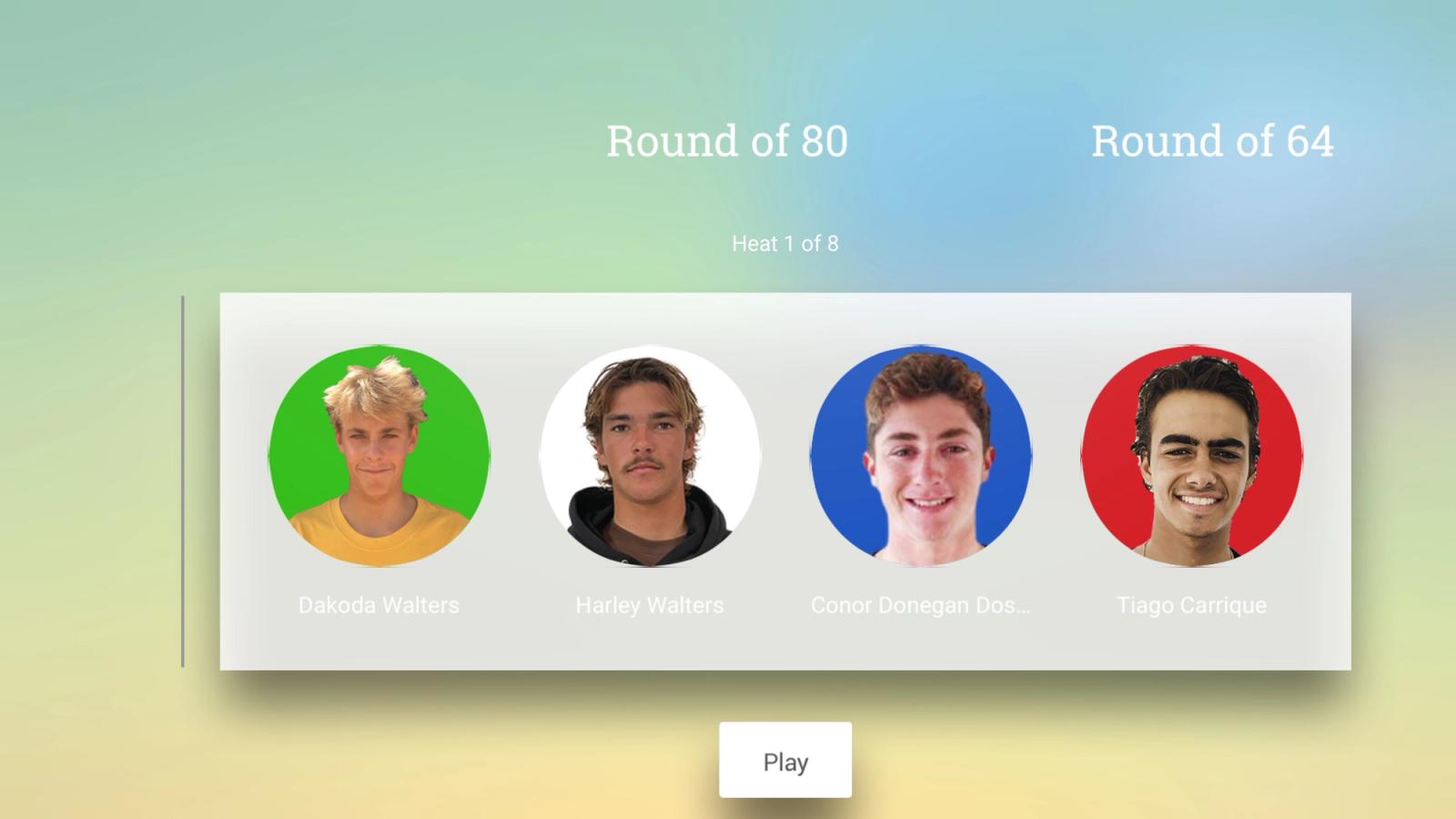 World Surf League Apple TV heat screen showing Round of 80, heat 1 of 8, four surfers' portraits above a Play button