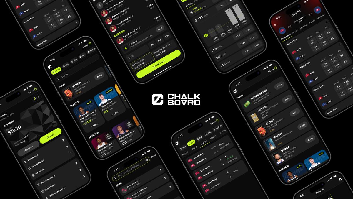 Chalkboard app UI - player lobby and cashed entry screens from the redesign
