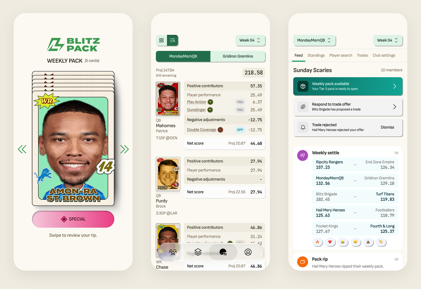 Version one in Figma: the weekly pack rip, a live duel with power cards applied, and the club feed with the week's results