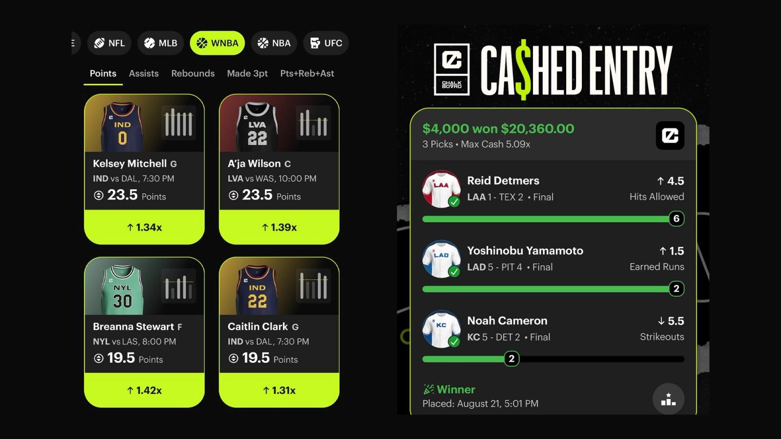 Chalkboard redesign marketing - WNBA lobby cards beside a cashed entry share card