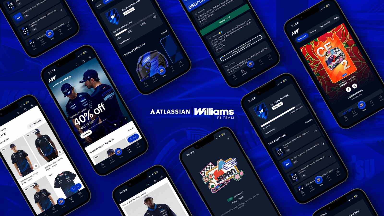 Phones with the Williams F1 Team App UI shown