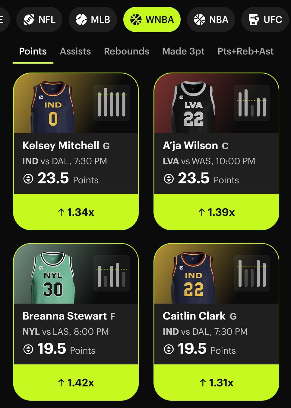 Chalkboard WNBA lobby - player prop cards with lime accent on black