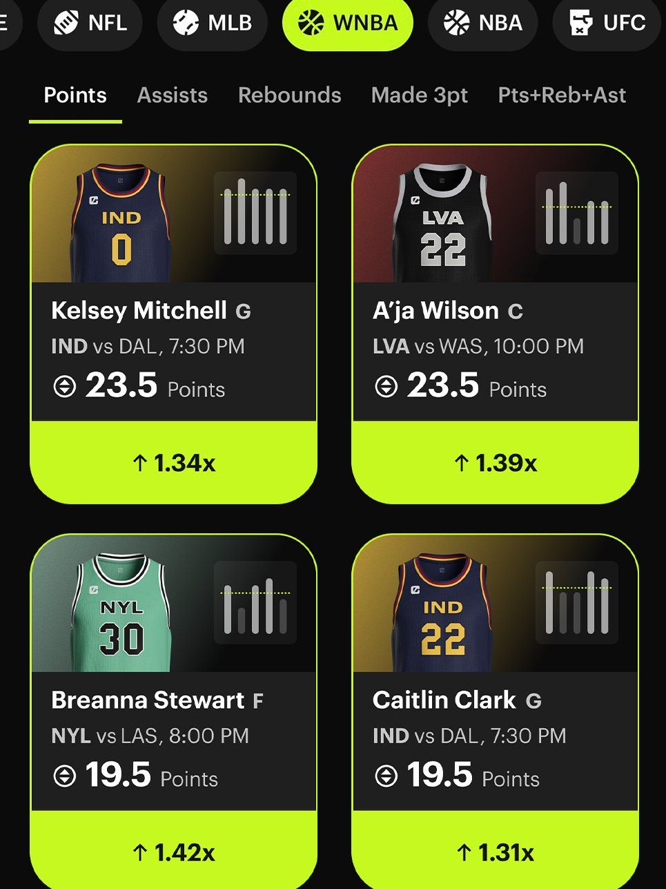 Chalkboard WNBA lobby - player prop cards with lime accent on black