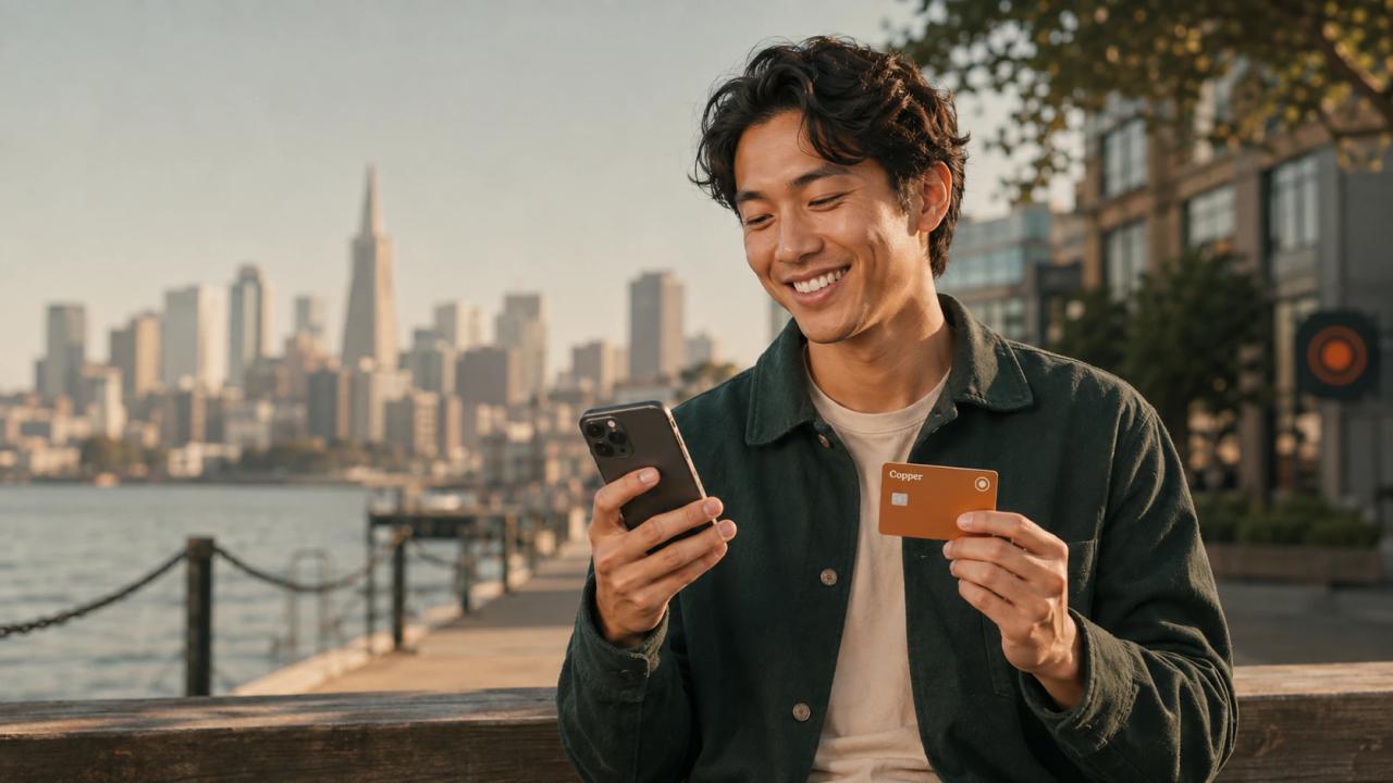 A Copper customer checking his balance on the Embarcadero, the San Francisco skyline across the water