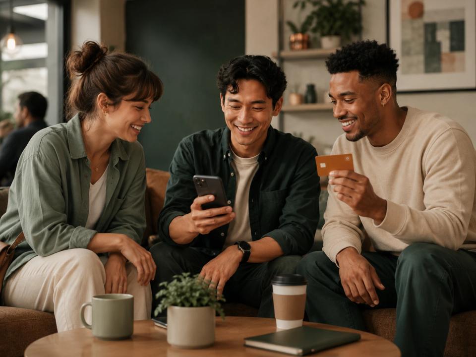 Three friends splitting a bill in a Copper branch lounge
