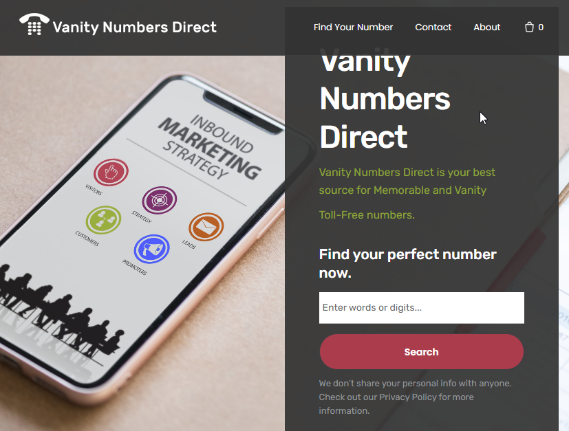 VanityNumbersDirect Website Screenshot