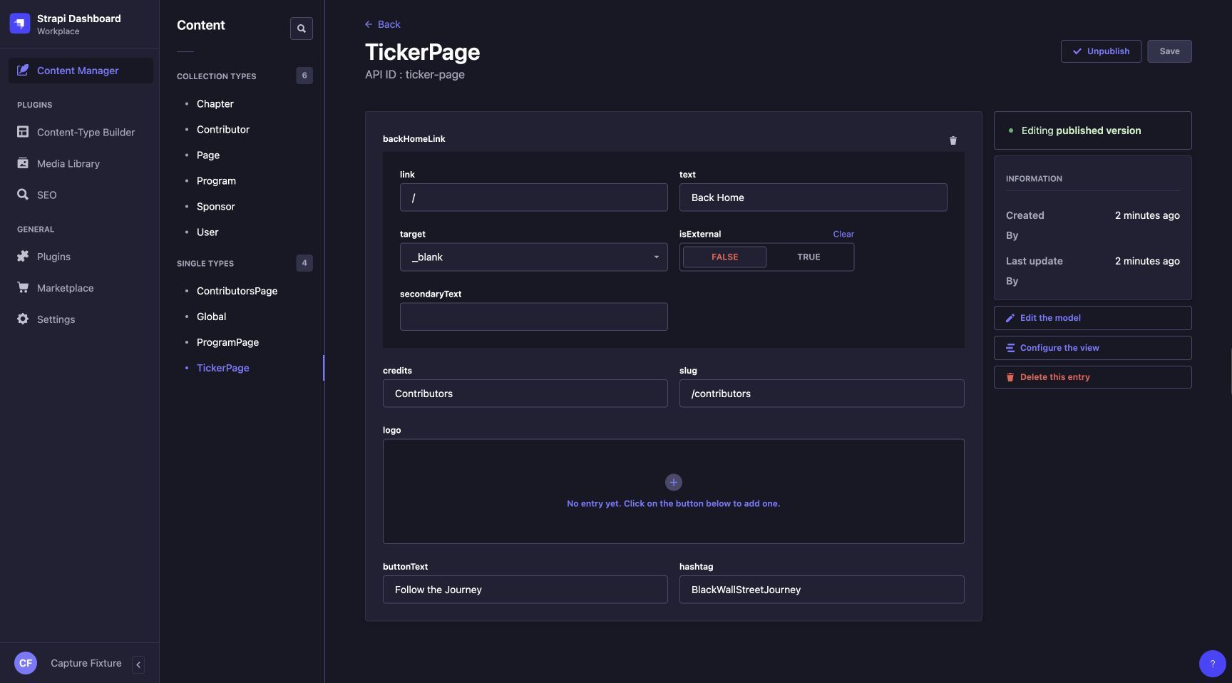 TickerPage holds the back link, credits, button text, and hashtag settings.