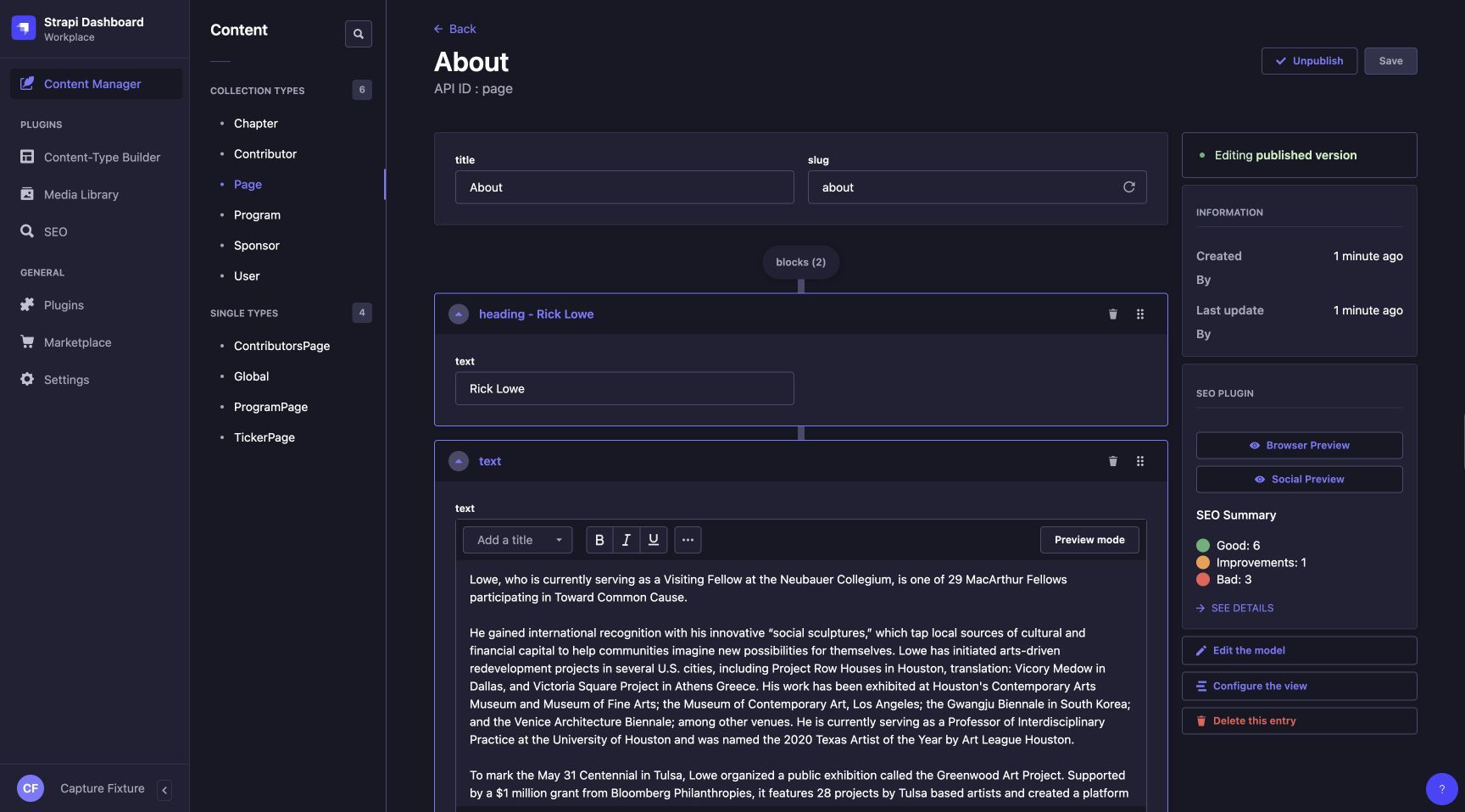 About page content is composed from heading and text blocks in the V2 admin.