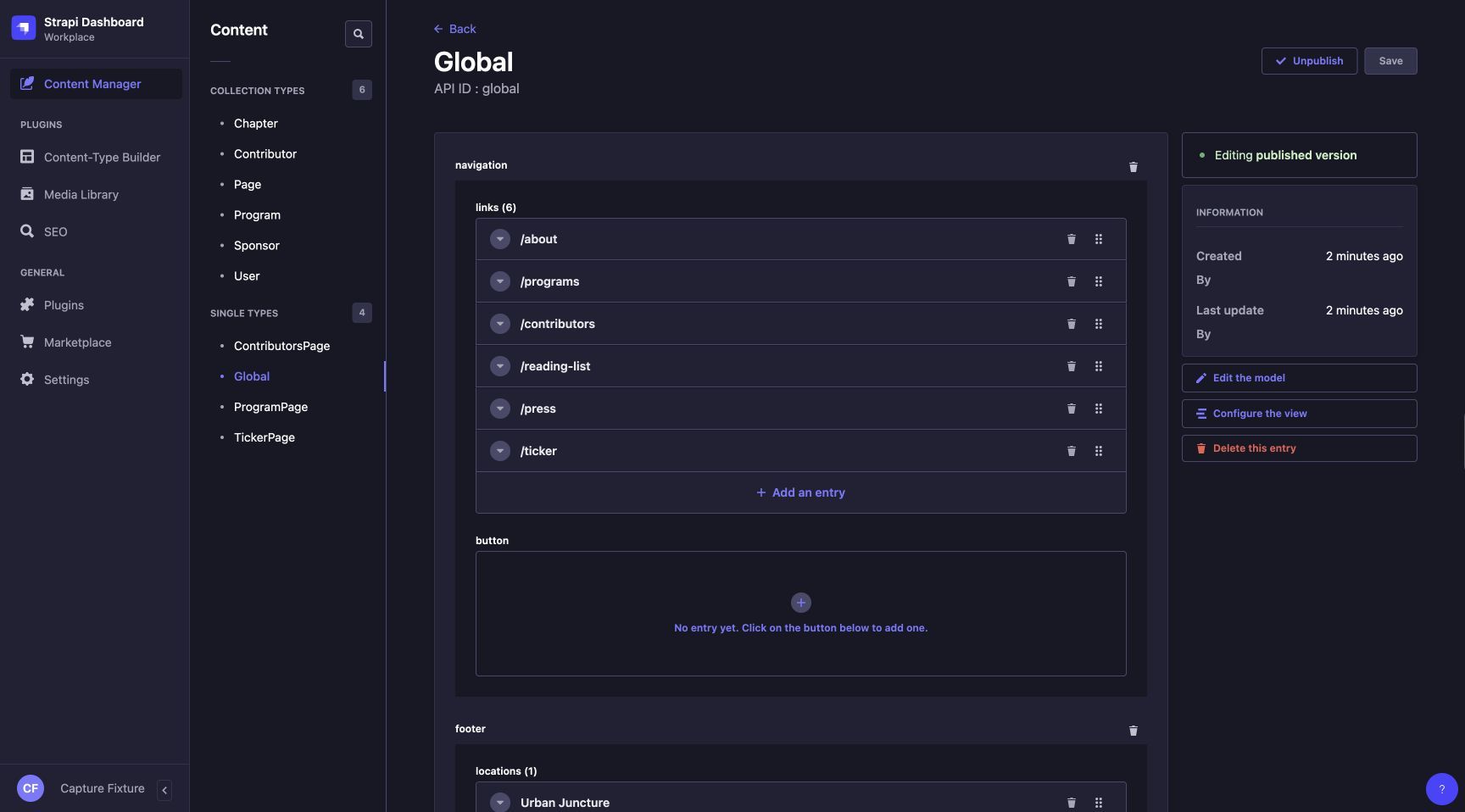 Global content holds shared navigation links and footer fields.
