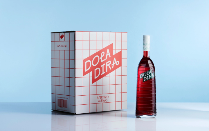 Doladira shipper (a white box with red grid and logo) and the Doladira bottle (a red bottle with a white top)