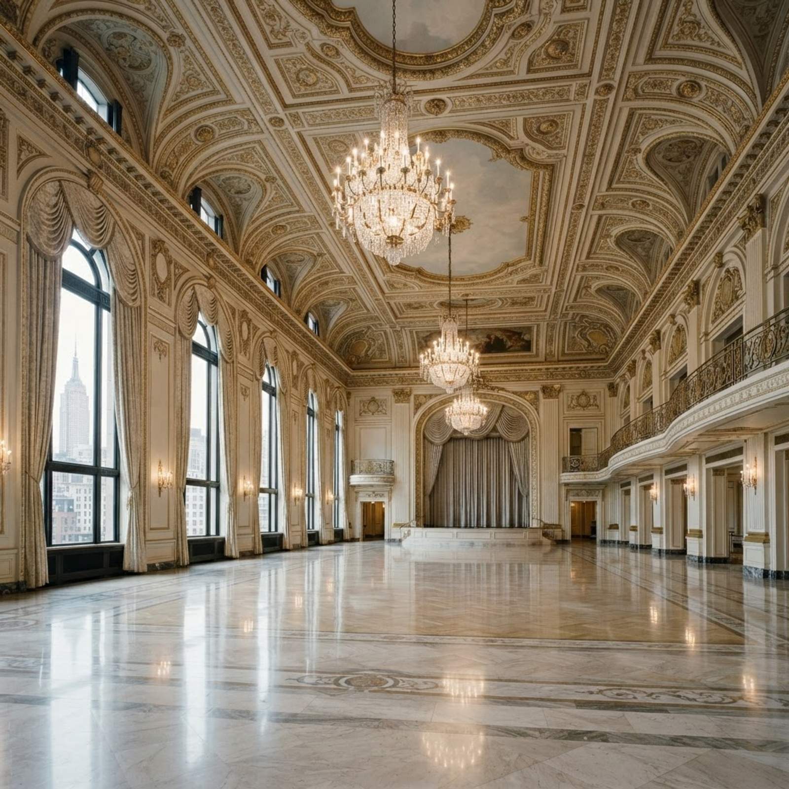 Grand historic New York ballroom with crystal chandeliers