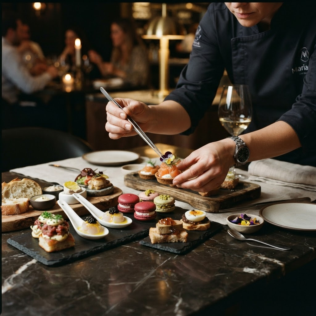 Chef garnishing plated hors d’oeuvres