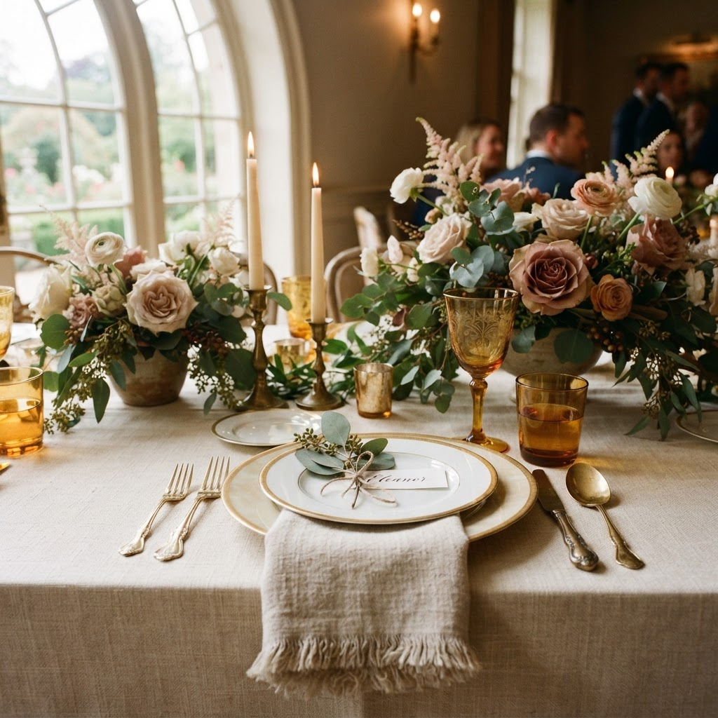 Luxurious event tablescape with florals and candlelight