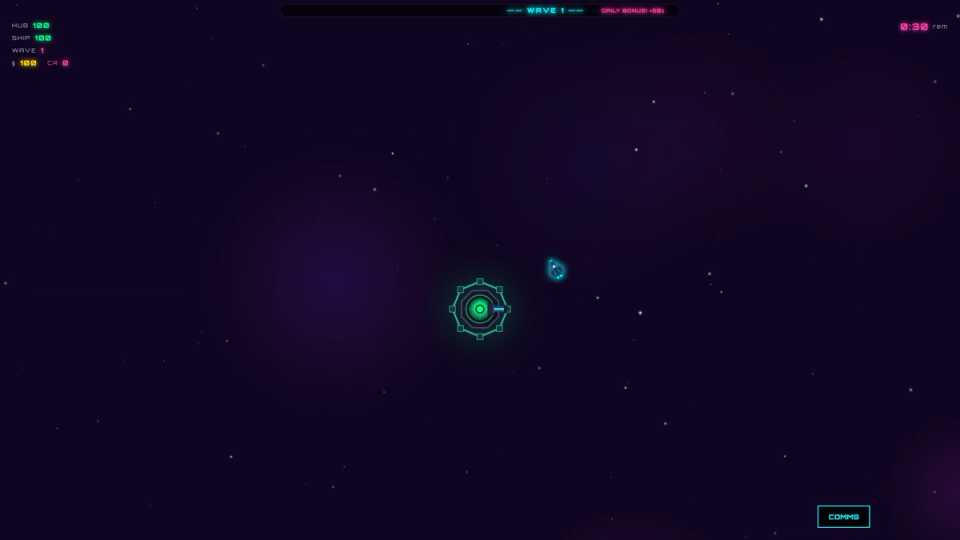Space Defence Wave 1 in-game — player hub glowing cyan in deep space, first enemy approaching