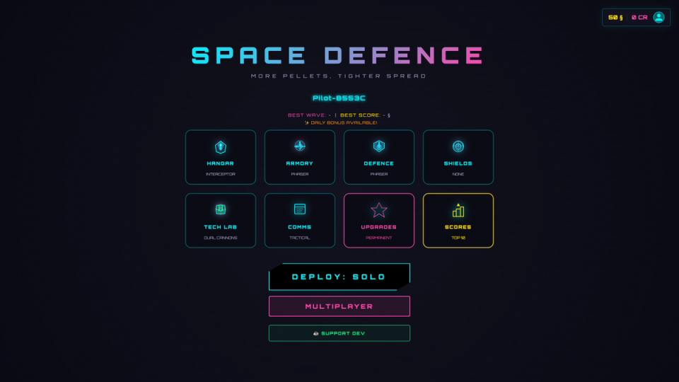 Space Defence command deck — HANGAR, ARMORY, DEFENCE, SHIELDS, TECH LAB, COMMS, UPGRADES, SCORES