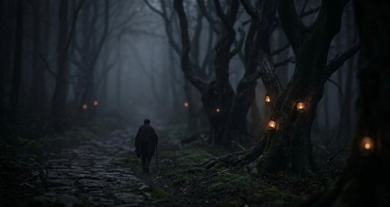Dark, fog-covered forest path with twisted trees and glowing lanterns, as a lone figure walks through the eerie woods at night