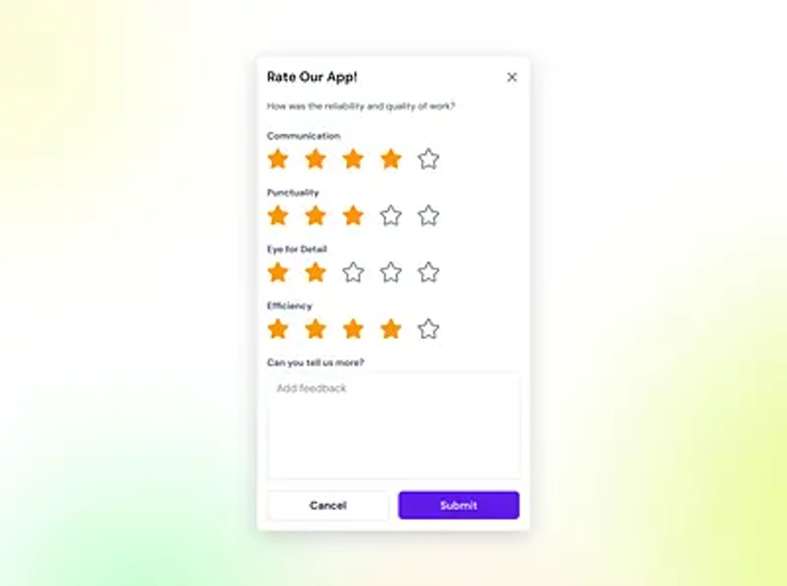 Mobile in-app feedback form with star ratings for multiple categories, an optional text feedback field, and a submit button, designed as a clean popup survey.