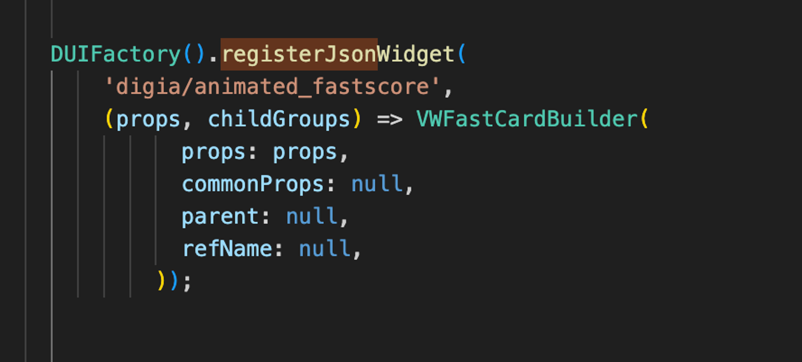 Code snippet showing a `registerJsonWidget` function call registering an “animated_fastscore” widget, mapping props and child groups to a `VWFastCardBuilder` with null defaults for common properties.