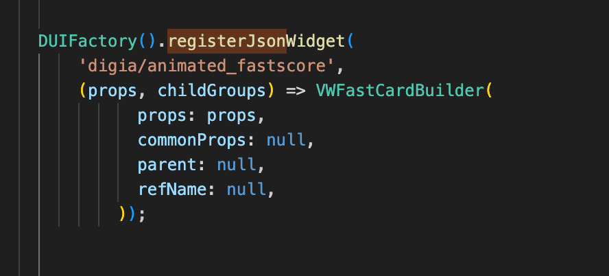 Code snippet showing a `registerJsonWidget` function call registering an “animated_fastscore” widget, mapping props and child groups to a `VWFastCardBuilder` with null defaults for common properties.
