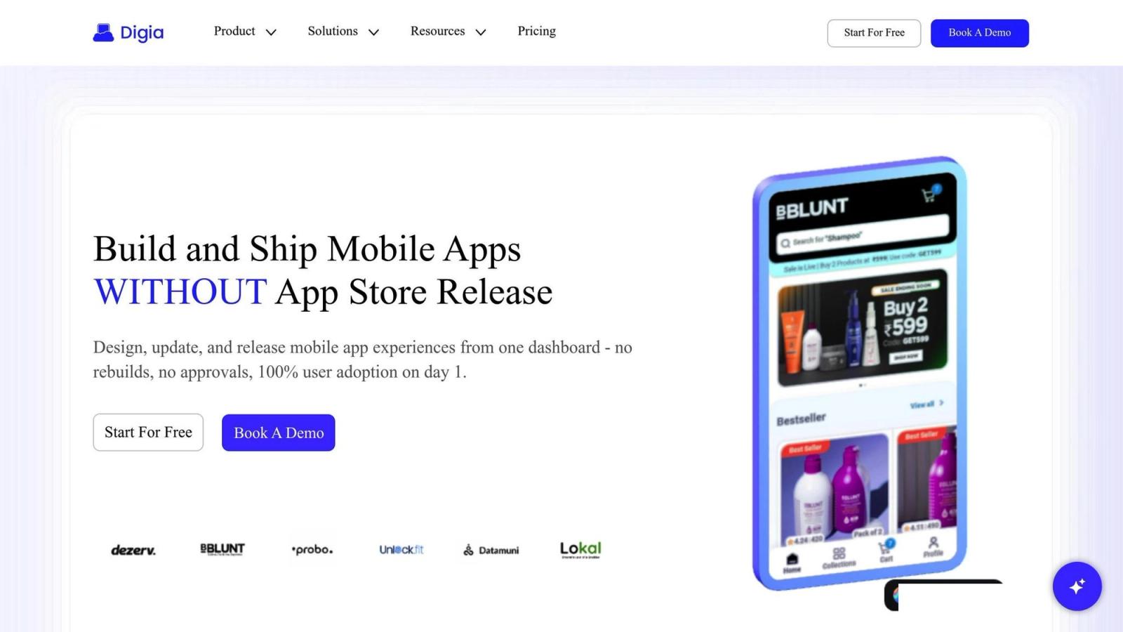 Website screenshot promoting app creation without store release. Features phone display, bold text, and buttons "Start For Free" and "Book A Demo".