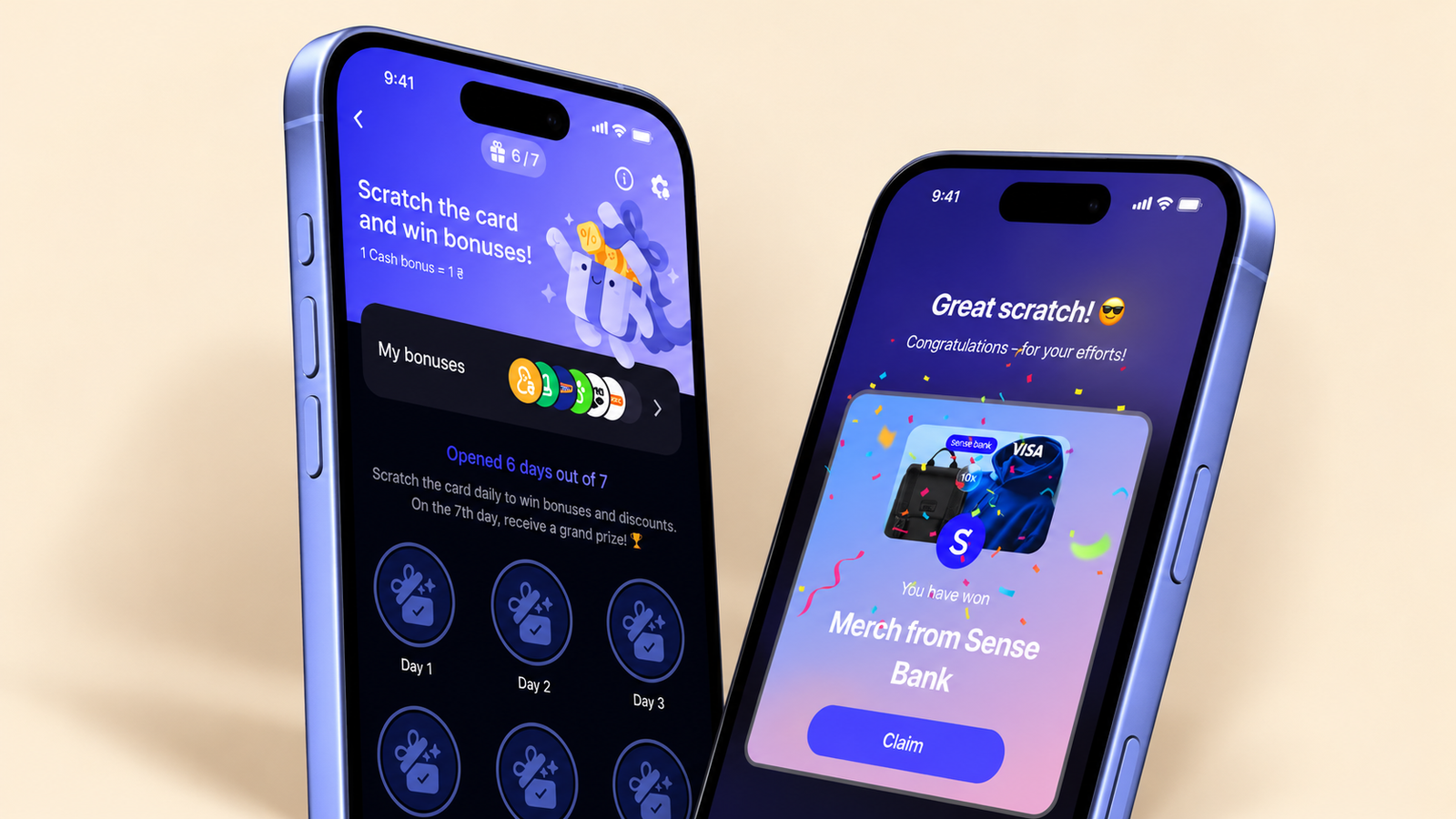 Example of an in-app scratch card and rewards experience.