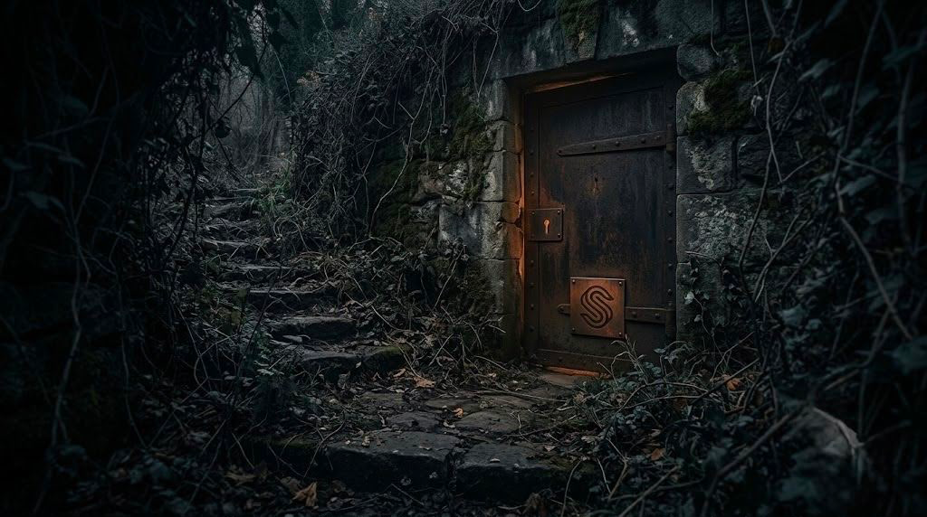 A dark, minimalist scene showing a glowing, arched doorway with a shadowy figure standing inside, partially reflected on a glossy floor, creating a mysterious and atmospheric mood.