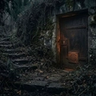 A dark, minimalist scene showing a glowing, arched doorway with a shadowy figure standing inside, partially reflected on a glossy floor, creating a mysterious and atmospheric mood.