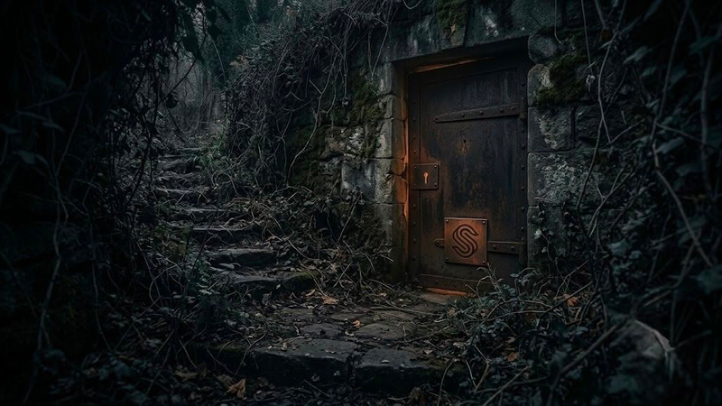 A dark, minimalist scene showing a glowing, arched doorway with a shadowy figure standing inside, partially reflected on a glossy floor, creating a mysterious and atmospheric mood.