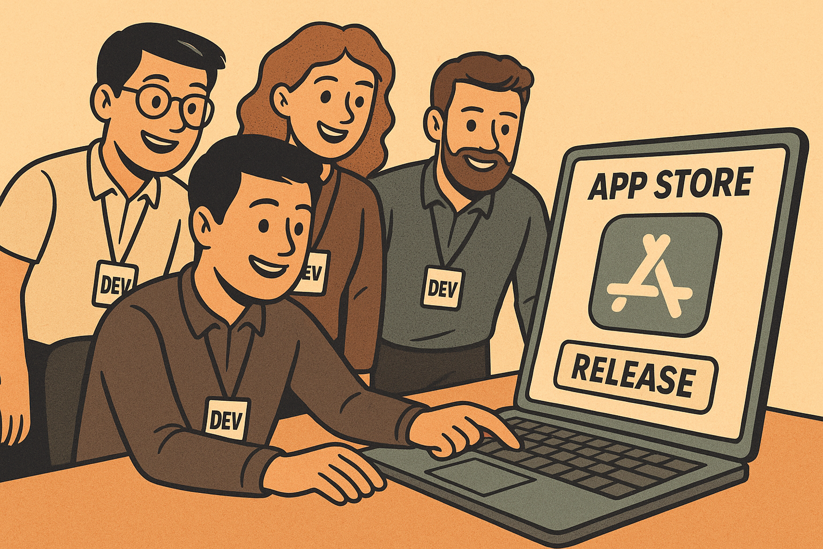 Four developers smile at a laptop screen showing "APP STORE RELEASE". They wear "DEV" badges. Warm, cartoonish style.