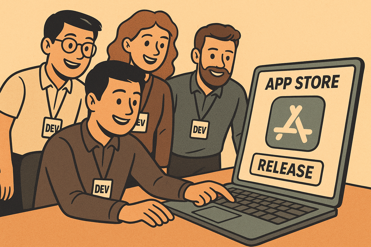 Four developers smile at a laptop screen showing "APP STORE RELEASE". They wear "DEV" badges. Warm, cartoonish style.