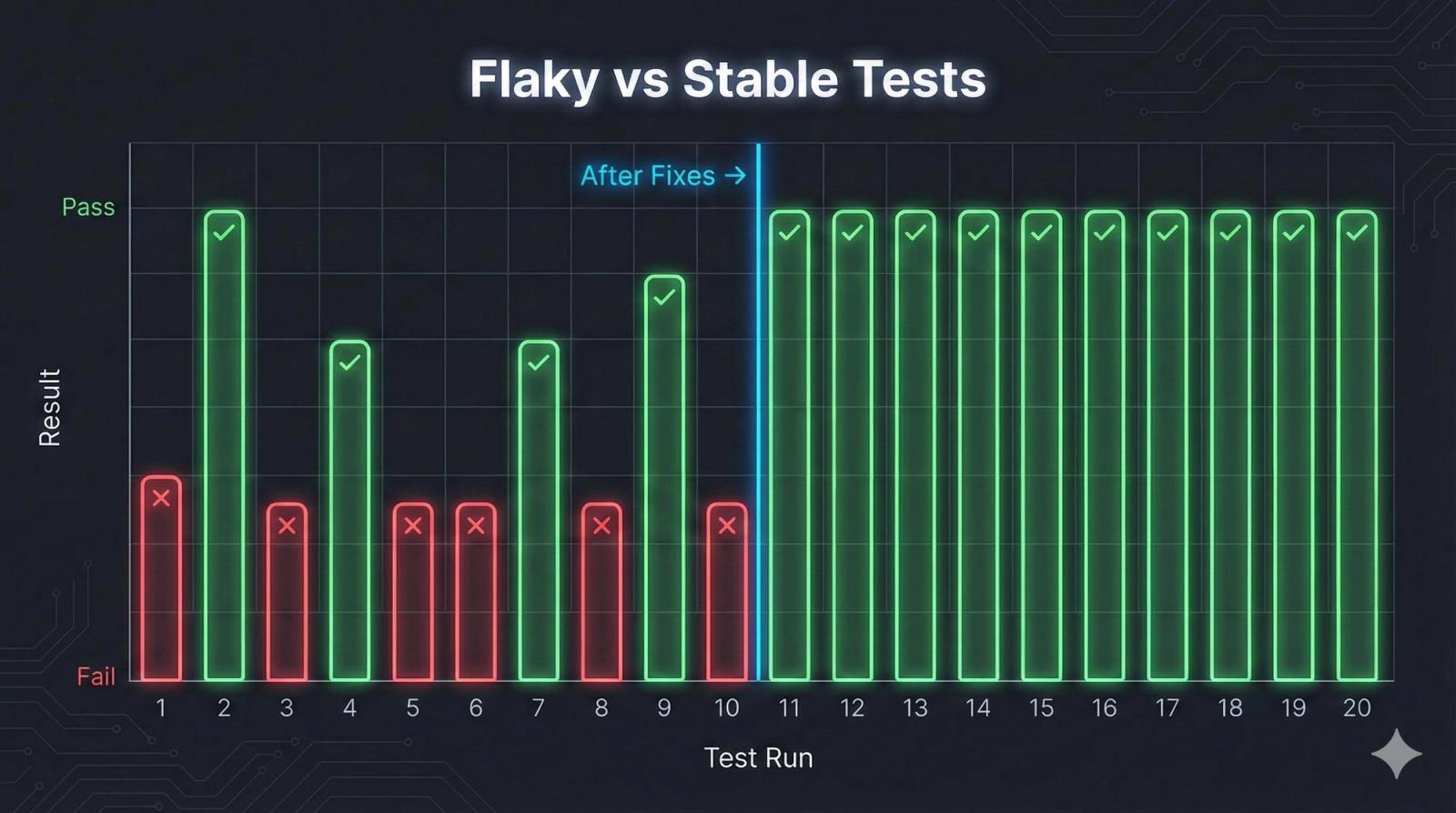 Flaky vs stable test results comparison showing inconsistent failures over multiple test runs