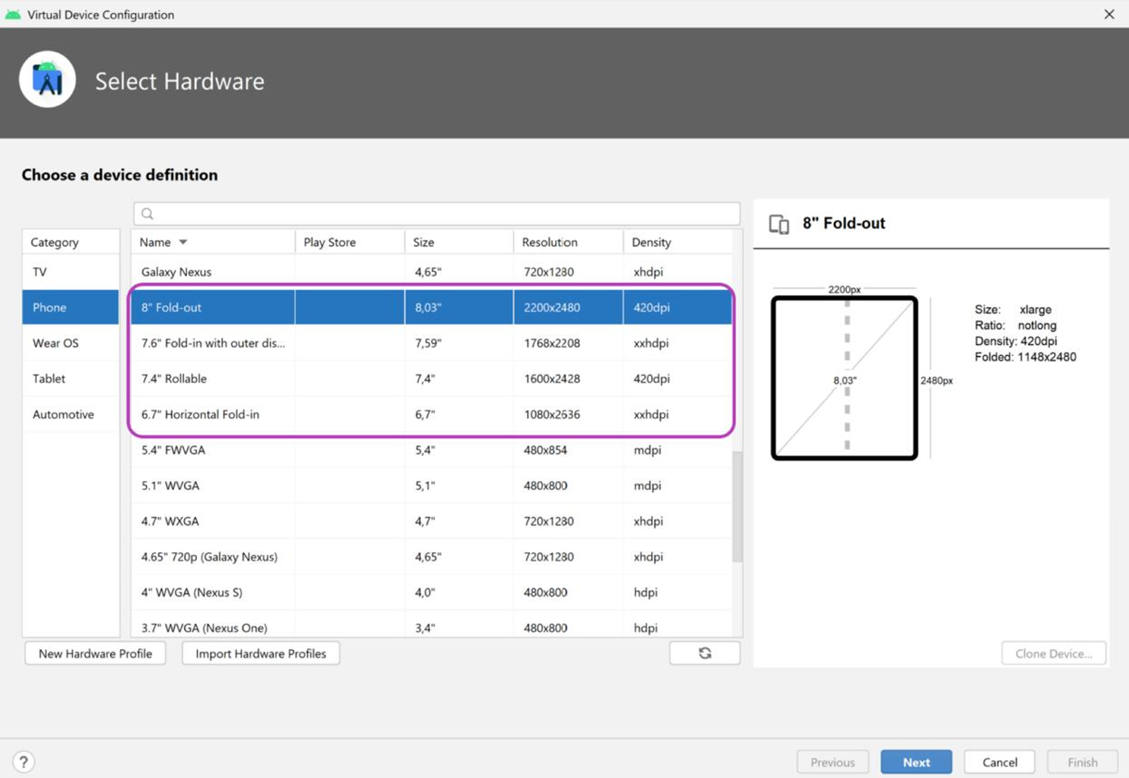 Android Studio virtual device configuration screen showing multiple foldable, rollable, and phone device profiles used for device fragmentation testing across different screen sizes and resolutions.