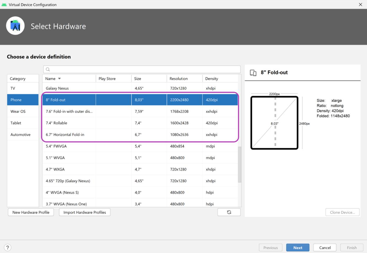 Android Studio virtual device configuration screen showing multiple foldable, rollable, and phone device profiles used for device fragmentation testing across different screen sizes and resolutions.