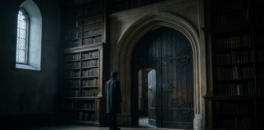 A person stands before a large wooden doorway inside a dimly lit library, surrounded by towering bookshelves and illuminated by light streaming through an arched window.