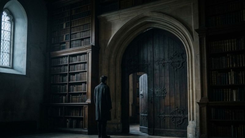 A person stands before a large wooden doorway inside a dimly lit library, surrounded by towering bookshelves and illuminated by light streaming through an arched window.